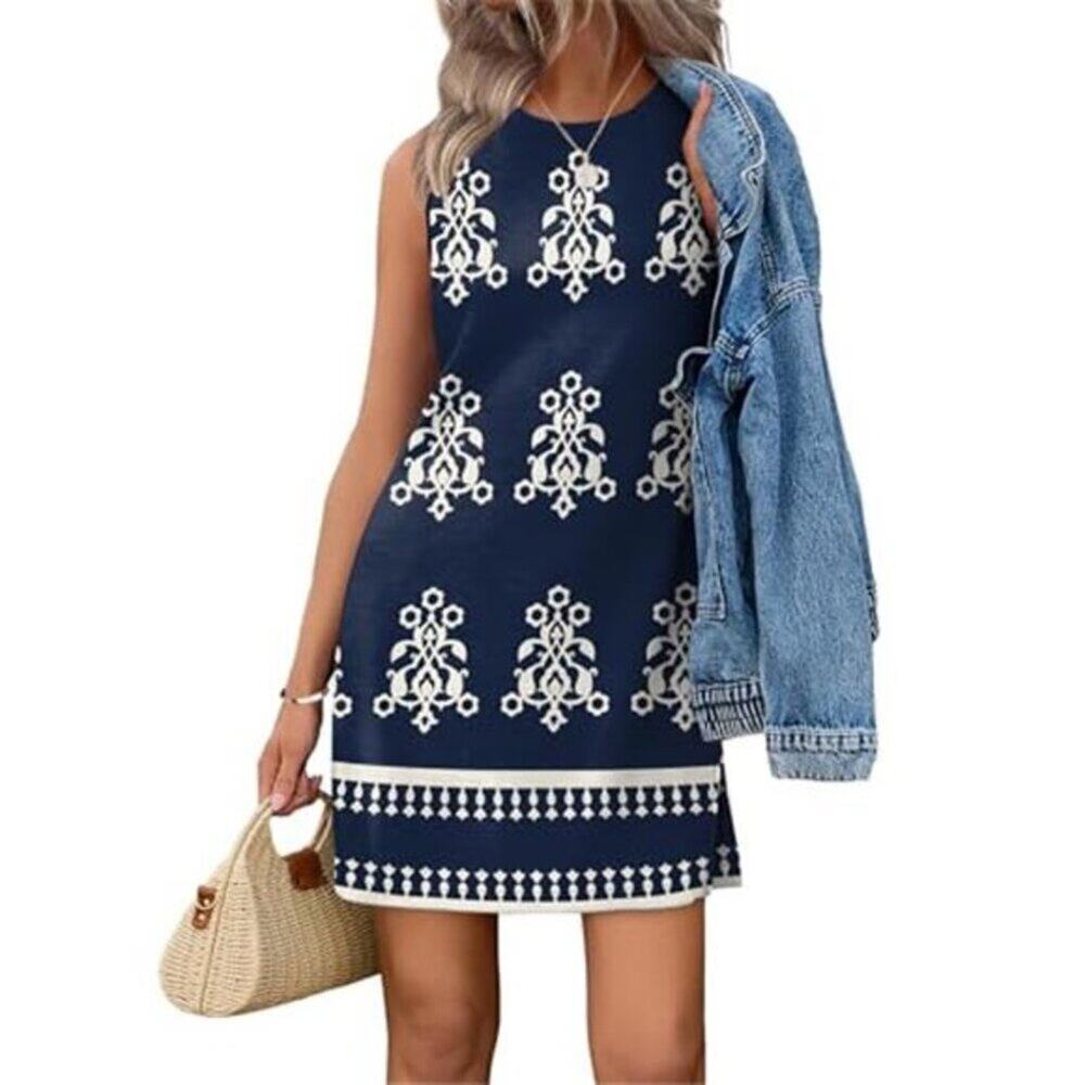 Casual Tank Dress Crewneck Sleeveless Summer Spring Women Dress Blue White